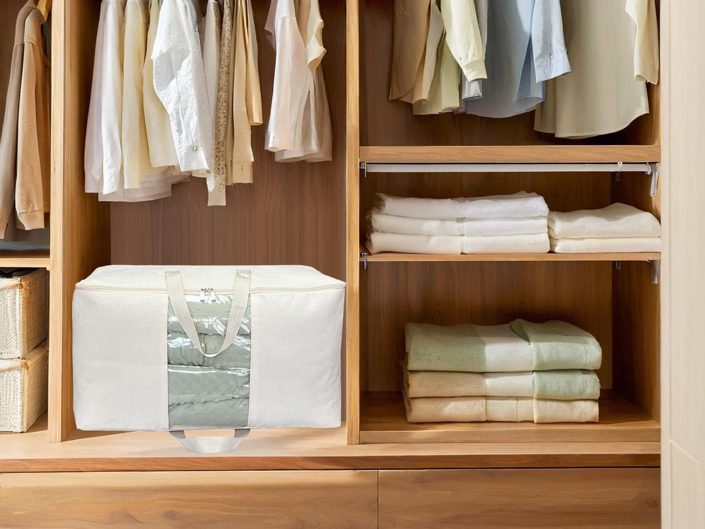 Soft Canvas Clothes Storage Bags with Four Carrying Handles and Clear Window, Closet Organizer for Clothing, Blankets Sheets Pillows and Bedding, 55L, 2 Pack, White