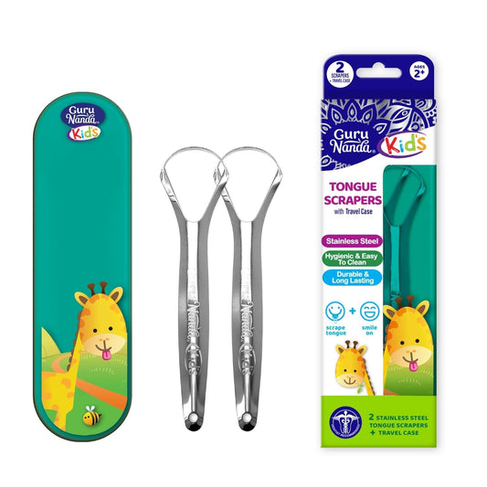 GuruNanda Kids Tongue Scraper (2-Pack) with Travel Case, Stainless Steel, Aids in Fresh Breath - Travel-Friendly Tongue Cleaner (Green/Pink/Orange)