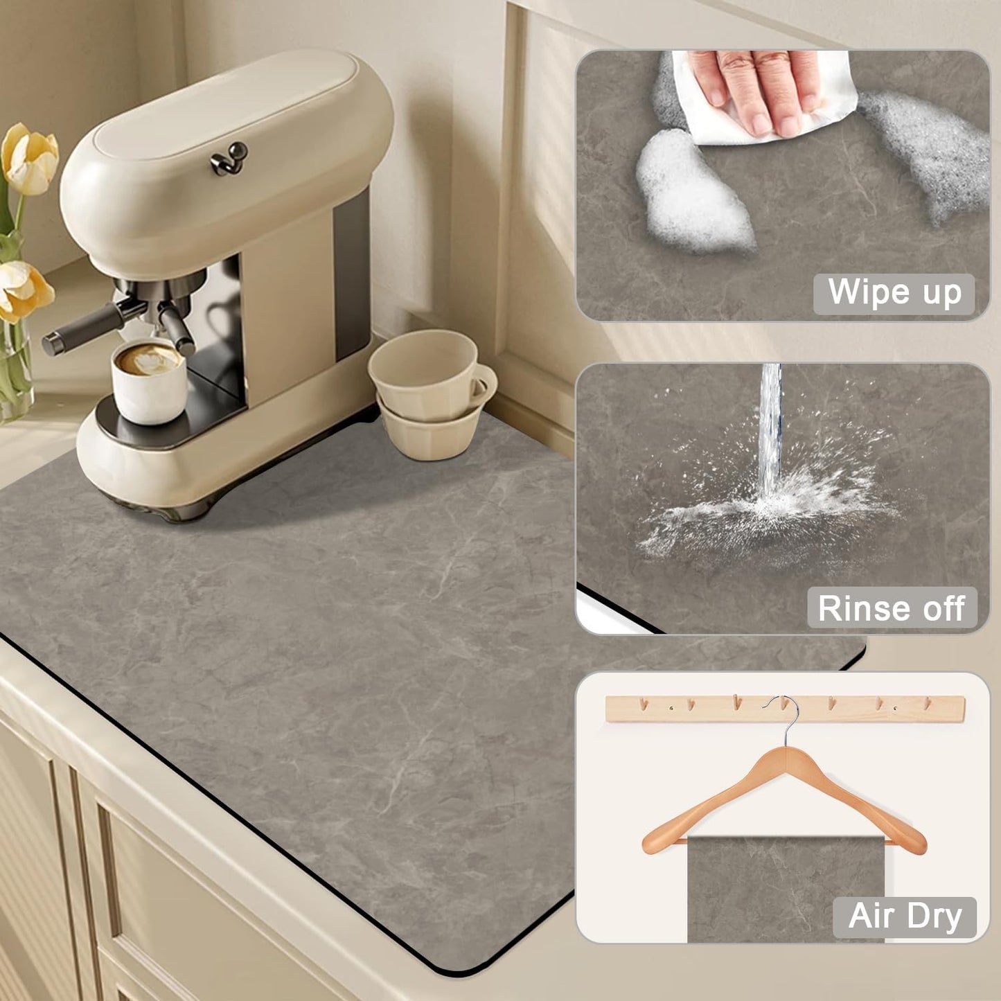 Coffee Maker Mat Accessories for Countertop - Coffee Bar Decoration Rubber Backed Dish Drying Mat for Kitchen - Pu Absorbent Hide Stain Pad, Wipeable Espresso Machine Mat for Dish Rack 25x17in