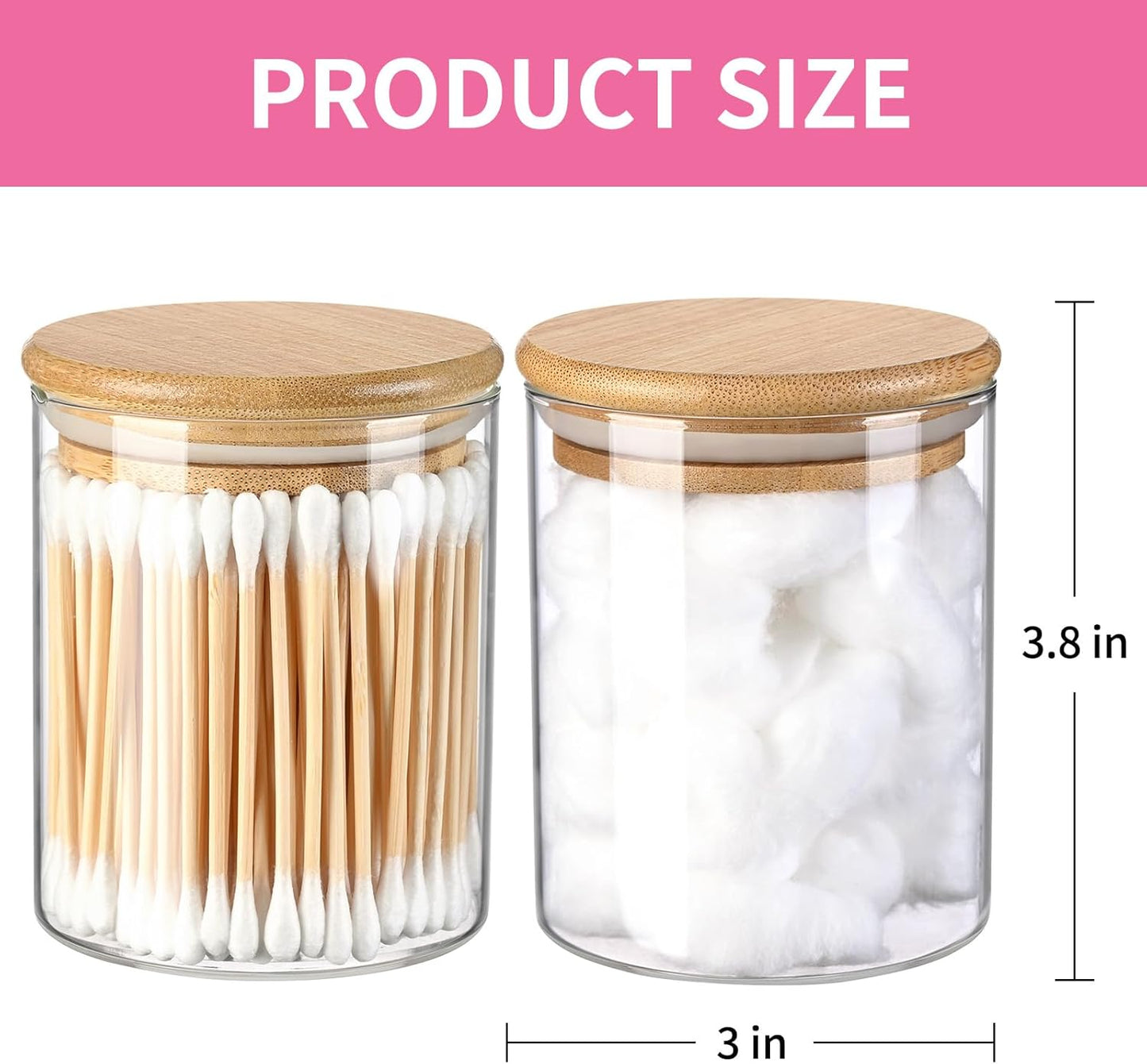Qtip Holder Dispenser with Bamboo Lid, Glass 2 Pack Apothecary Jars with Lids, Cotton&Swab Apothecary Jars, Qtip Holder Bathroom Set for Countertop Bathroom Essentials Accessories Decor