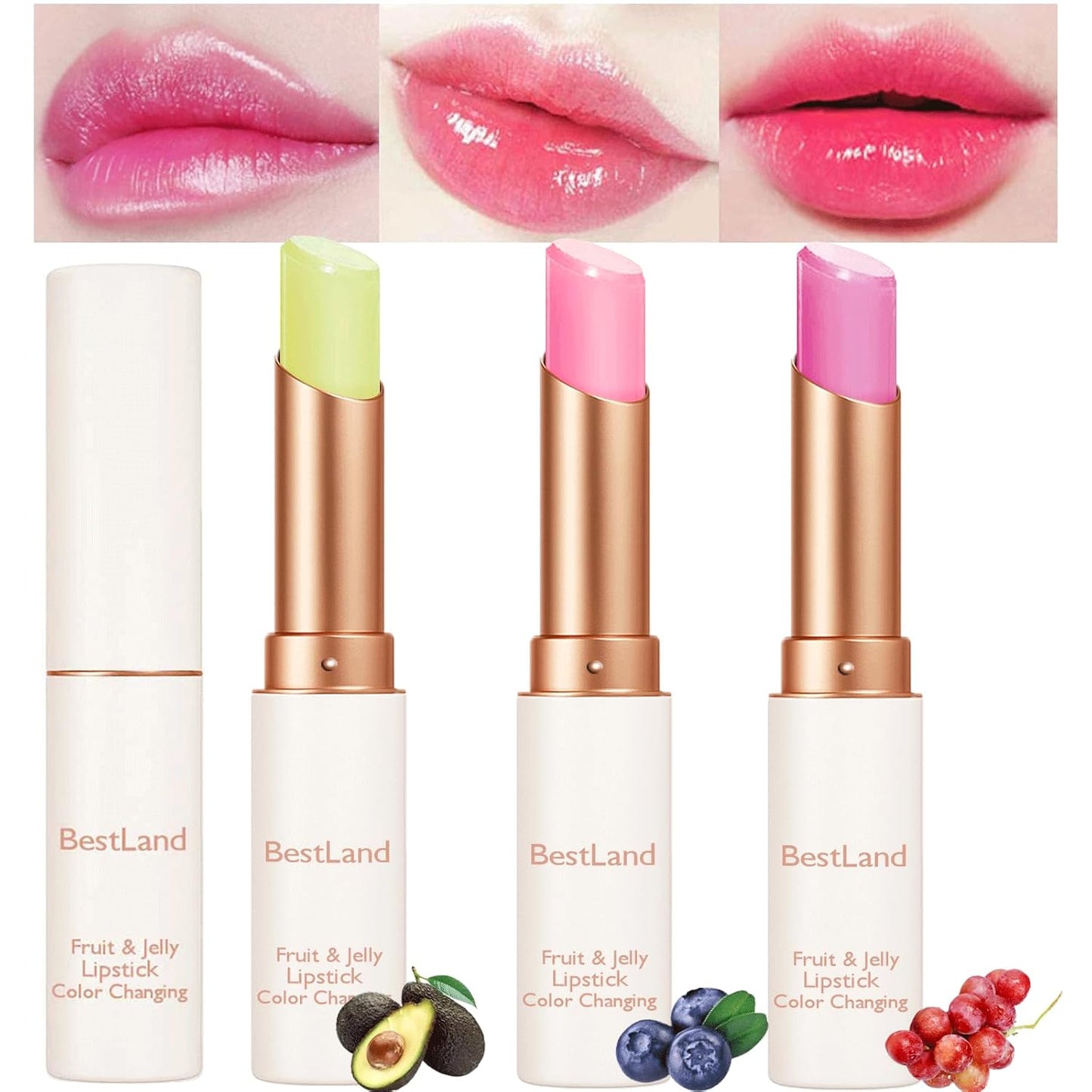3 Pcs/Set Avocado, Grape & Blueberry Jelly Lipstick Set, Color Changing Lip And Cheek Stain | PH-Activated Temperature Reactive Moisturizing Lipstick for Dry & Mature Lips, Hydrating Long-Lasting Lip