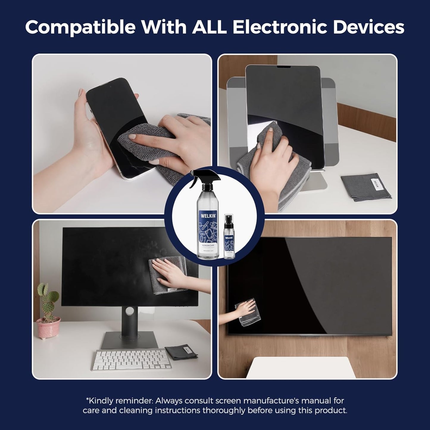 WELKIN Screen Cleaner Spray Kit (550ml + 60ml) - Cleaning Mist for TV, Laptop, Computer, Phone Touchscreen - 2 Sprayers,1 Microfiber Cloth & 1 Glass Wipe Included