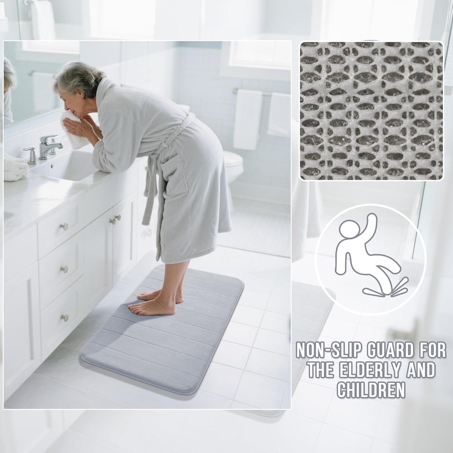 Yimobra Memory Foam Bath Mat, Super Soft Absorbent Bathroom Rug Non Slip 24x17 Inch, Quick Dry, Machine Washable Floor Carpet for Tub Shower, Home Decor Accessories, Silver