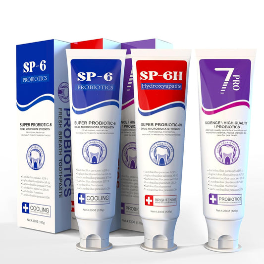 SP-6 Toothpaste Set, 6 Probiotics for Whitening & Cooling Fresh Breath, and 7- Pro Intense Whitening, Fluoride-Free, Safe for Enamel, Deep Brigthtening & Freshness 3 in1 Set