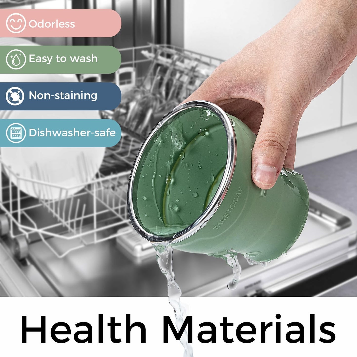 TakeToday Collapsible Travel Cup - Silicone Foldable Water Cup, BPA-Free with Lid & Waterproof Bag - Drinking Cup Set for Office, Camping & International Travel(8 Oz, Green)