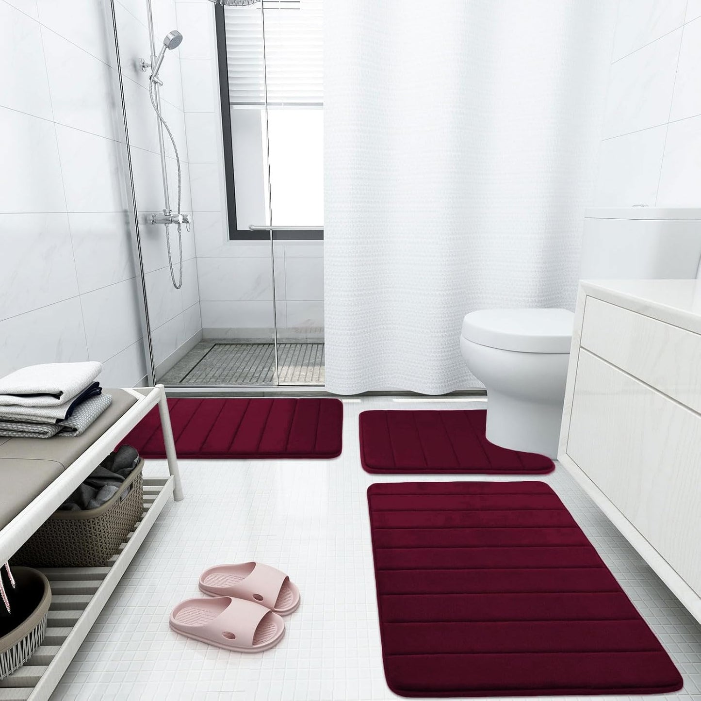 Buganda Memory Foam Bath Mat, 47" x 24", Ultra Soft and Non-Slip Bathroom Rugs, Water Absorbent and Machine Washable Bath Rug Runner for Bathroom, Shower, and Tub, Burgundy