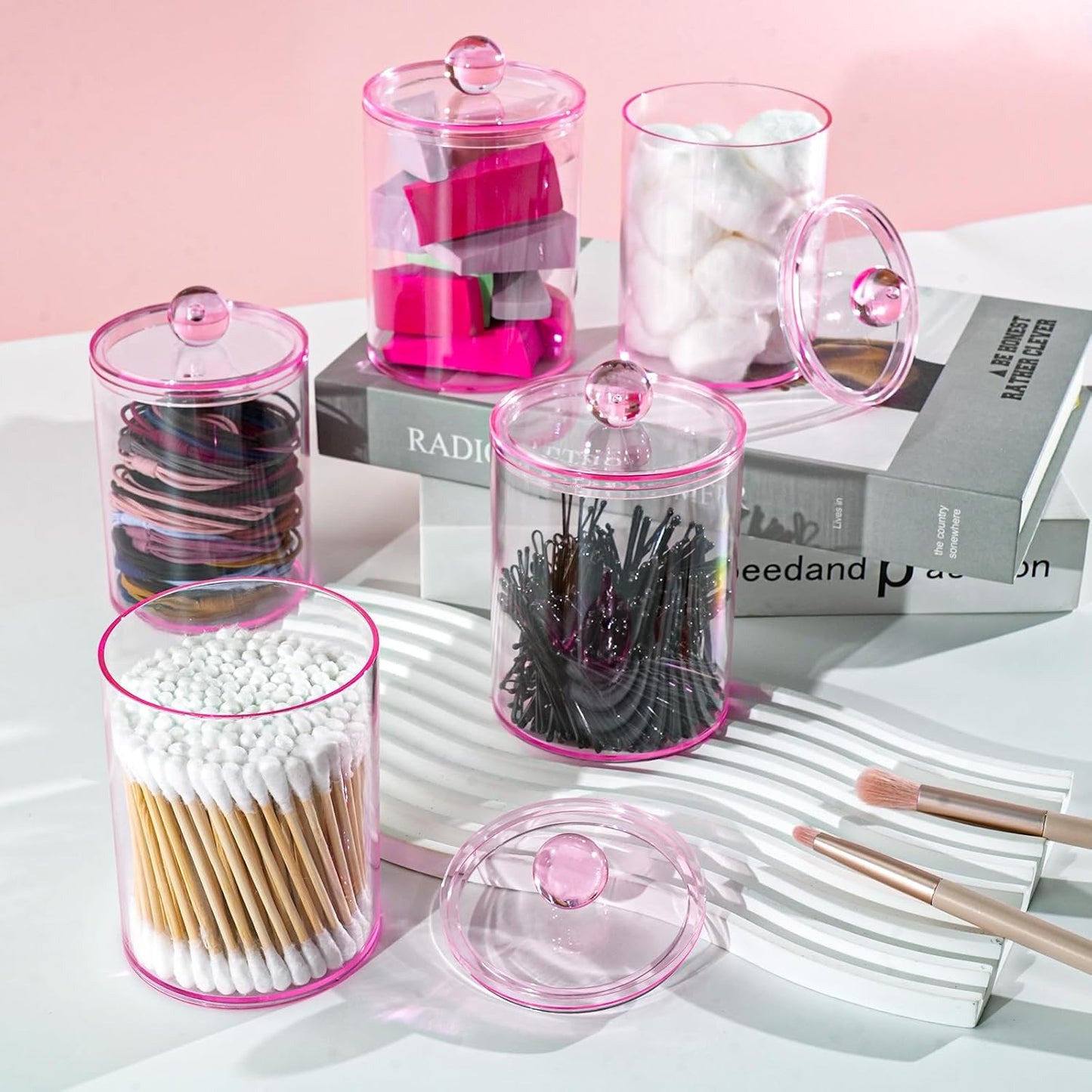 2 Pack Qtip Holder,Canister Apothecary Jar Set, Bathroom Jars with Lids Set for Cotton Swabs, Balls, Pads, Floss Picks,10oz-12oz Plastic Canisters Restroom Bedroom Vanity Organizer(Pink)