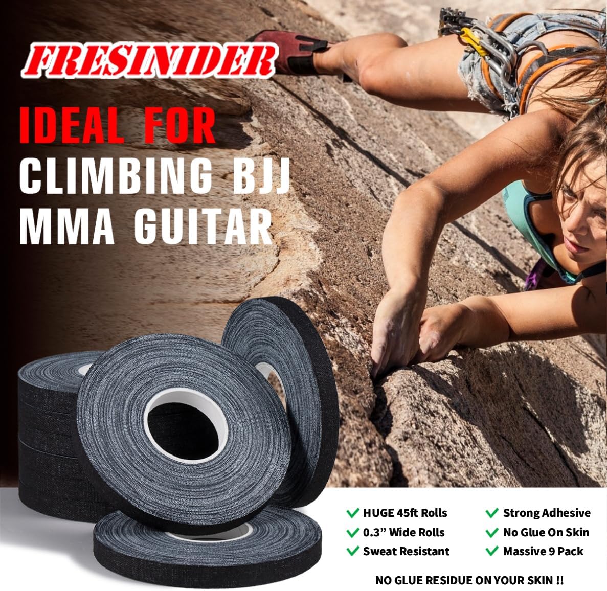 Finger Tape - Strong Athletic Tape | 0.3” x 45 Feet (9 Pack) Tin Set | No Sticky Residue | for Rock Climbing, BJJ Jiu Jitsu, Grappling, Judo, MMA, Rock Climbing and Martial Arts (Black)