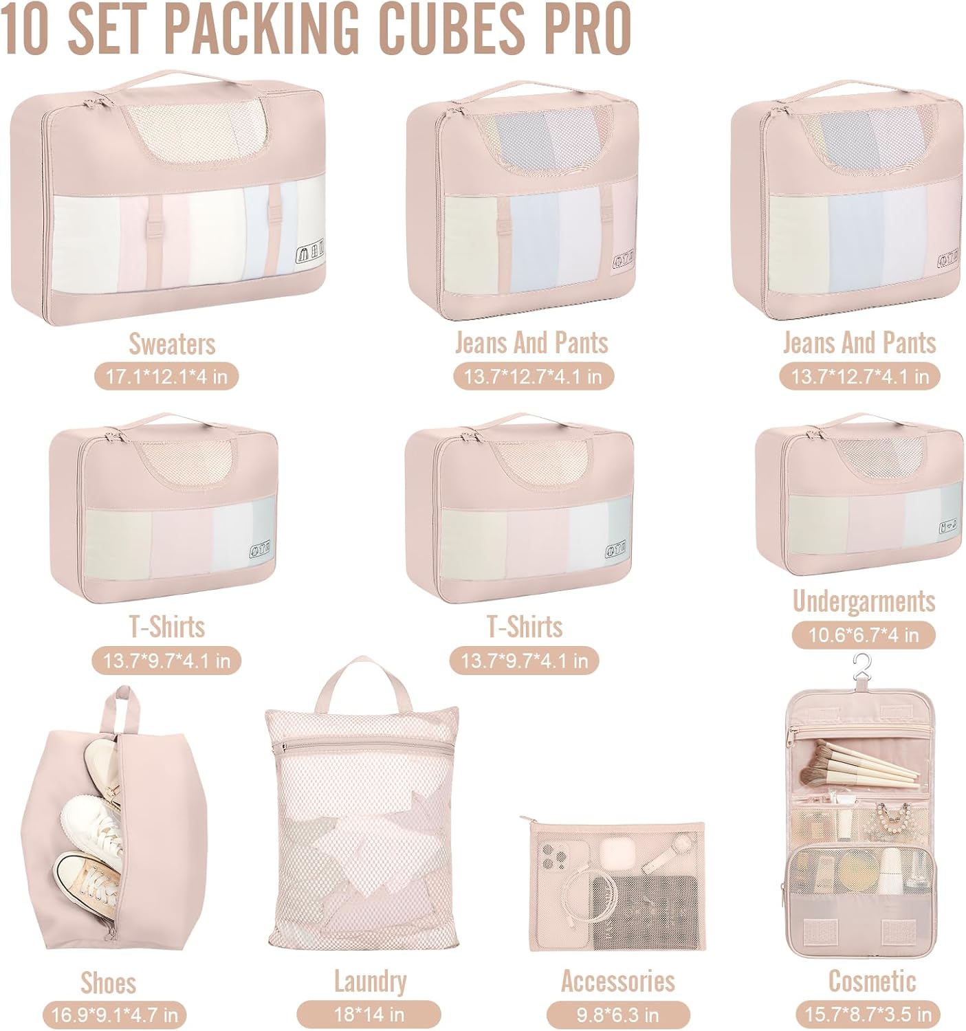 Veken 10 Set Packing Cubes for Travel, Beach Vacation Essentials Accessories for Cruise Ship, Suitcase Organizer Bags for Luggage with Hanging Toiletry & Shoe Bag, Birthday Gifts for Women Mom Her