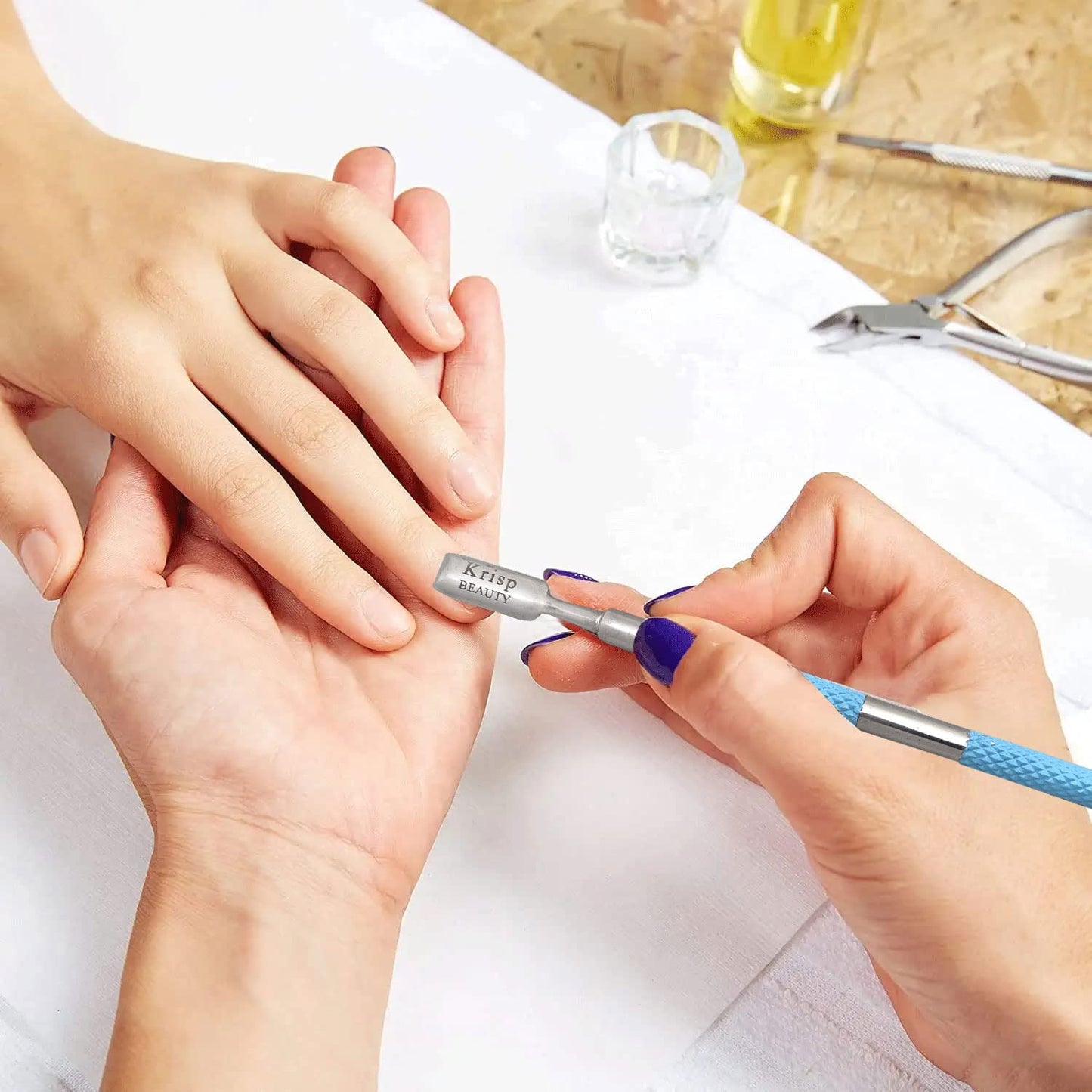 Cuticle Pusher Tool - Dual Sided Sharp Edge Spoon Shaped Double Ended Cuticle Pusher Remover Cuticle Cleaner Stainless Steel Manicure Pedicure Nail Art Care Tools Set 1 Pc By Krisp Beauty (Blue)