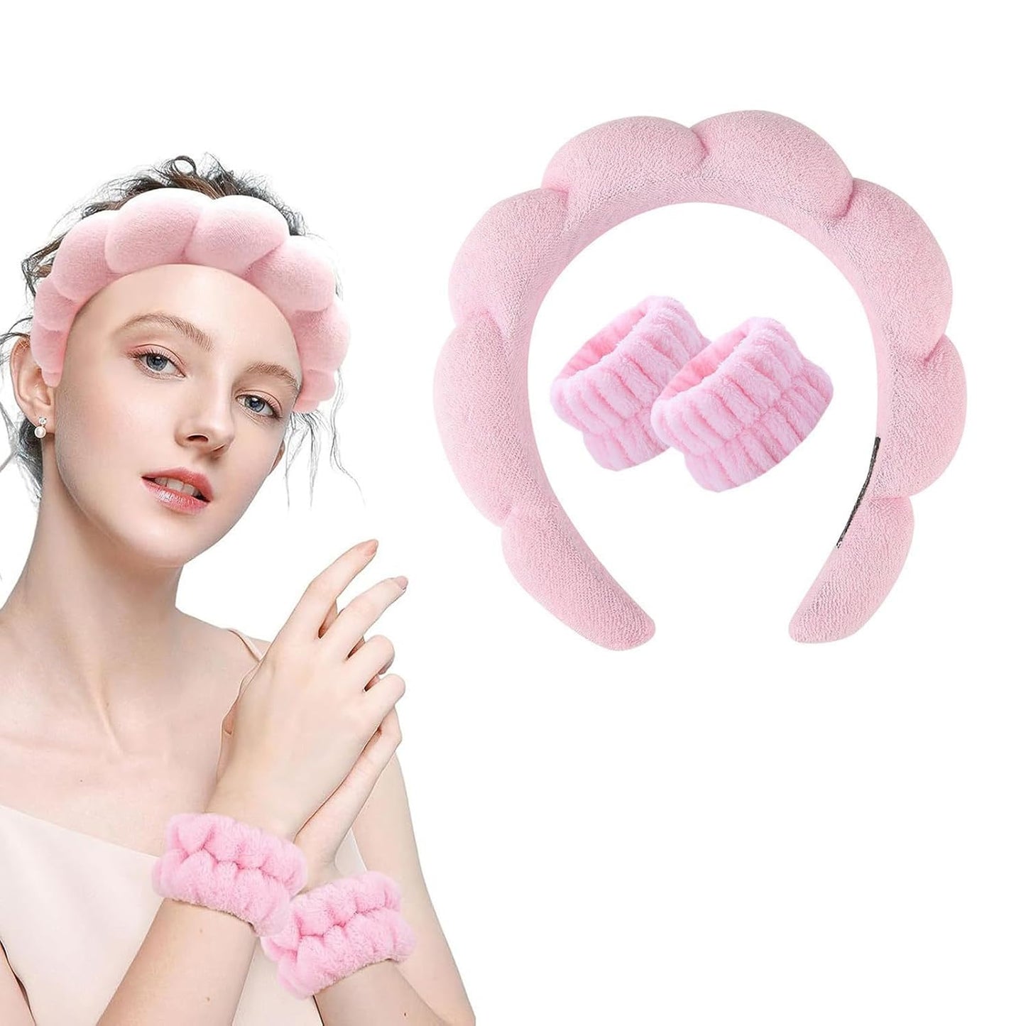 Spa Headband and Wristband Set for Women,Terry Cloth Sponge Headband for Washing Face,Makeup,Facial Mask and Skincare (Blue,Pink, One Size)