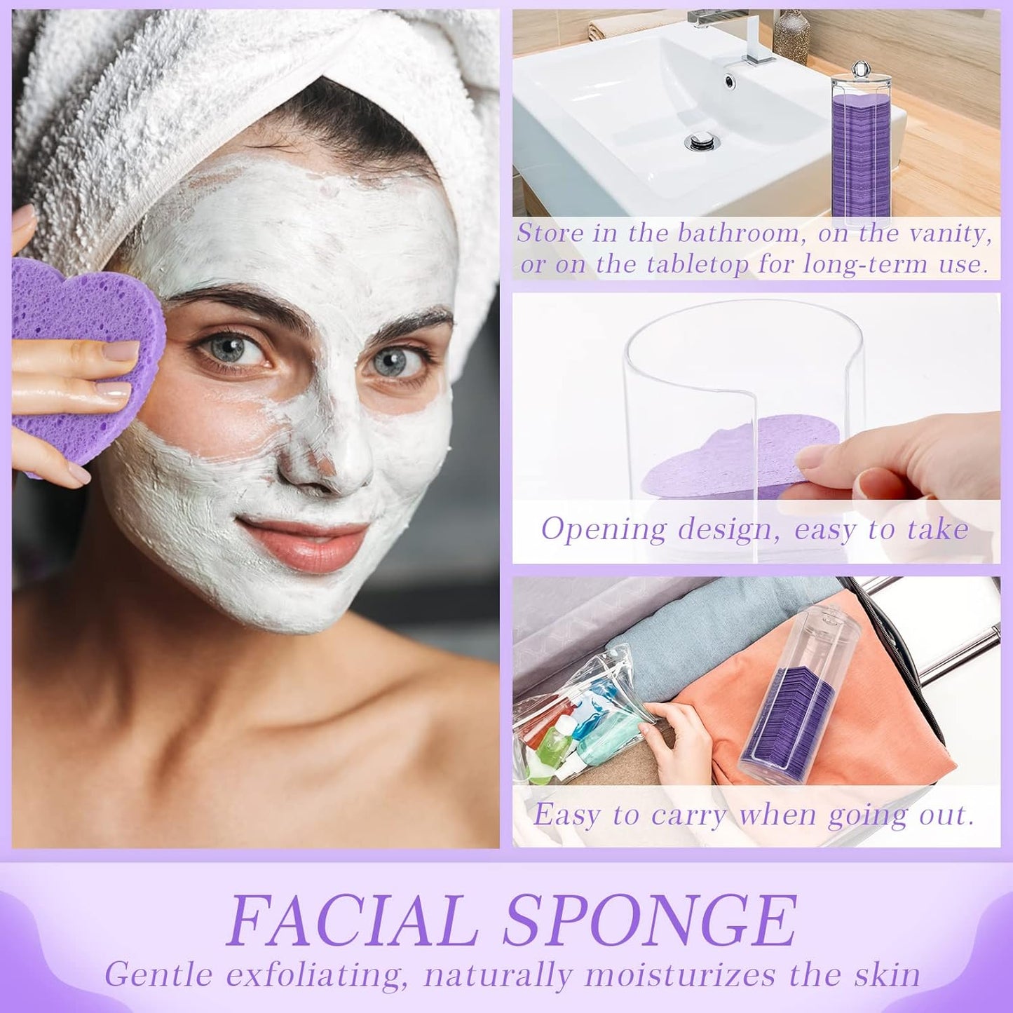 Sieral 120 Pcs Compressed Facial Sponges with Container Disposable Face Sponge Pads for Washing Face Cleansing Exfoliating Esthetician Makeup Removal(Heart,Purple)