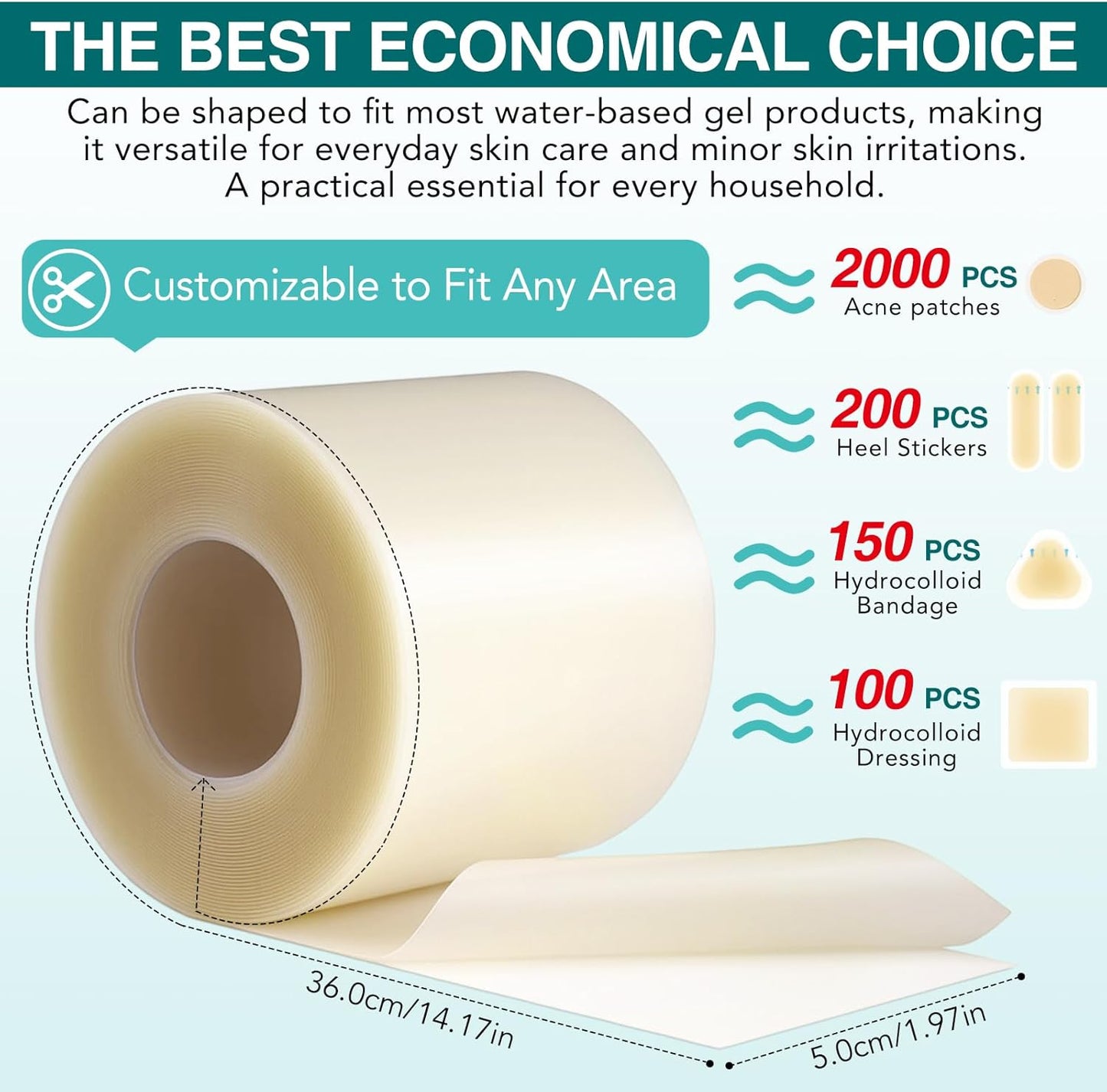 Hydrocolloid Roll for Wound Care, (2in*11.8ft) Hydrocolloid Bandages, Cut-to-Size, Medical Grade Hydrocolloid Roll with Self-Adhesive, Ultra Absorbent, Flexible & Waterproof, First Aid Kit Essential