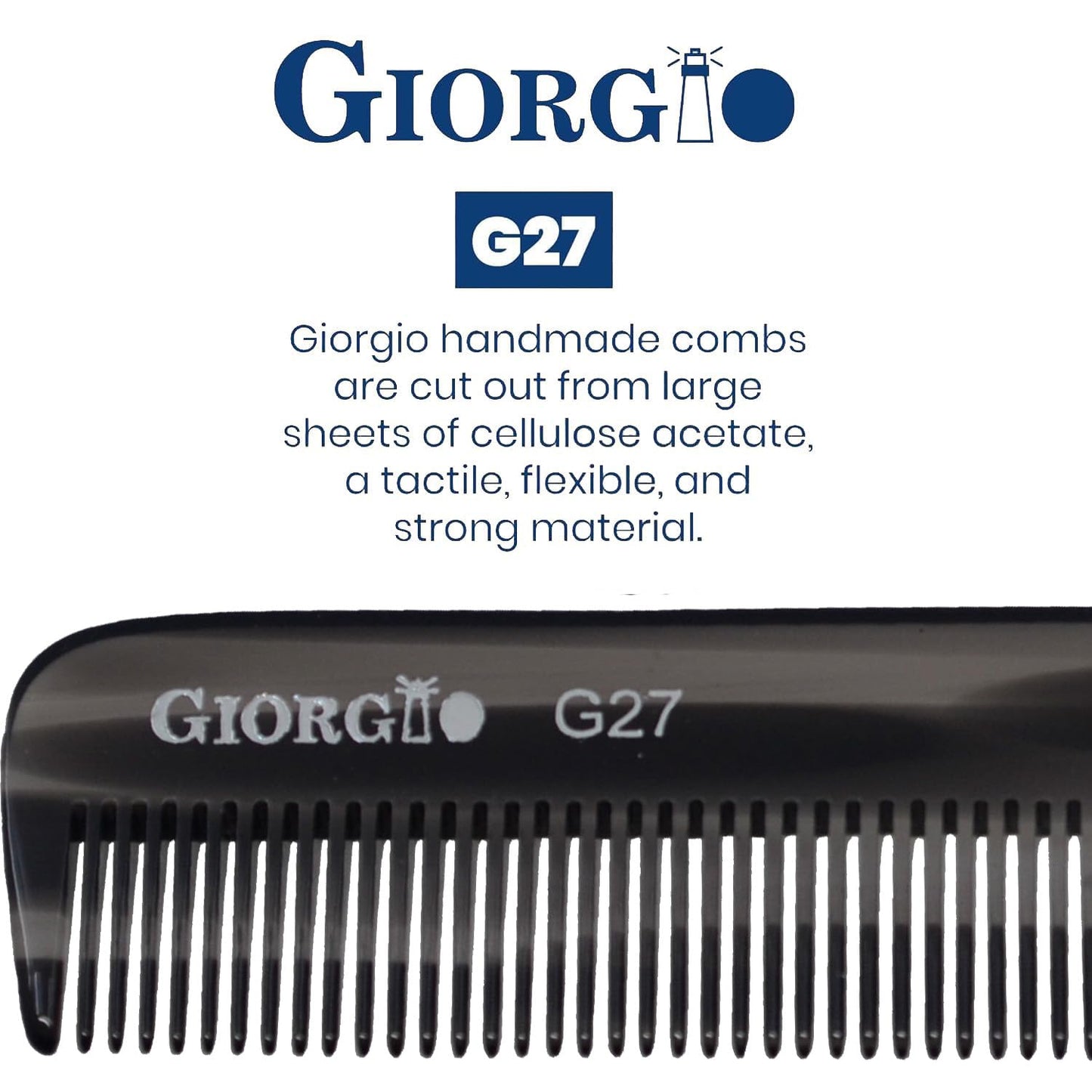 Giorgio G27 Handmade All Fine Tooth Pocket Comb, Hair Comb Straightener for Everyday Grooming Styling Hair, Mustache and Beard for Men Women and Kids, Saw Cut and Polished Black Graphite