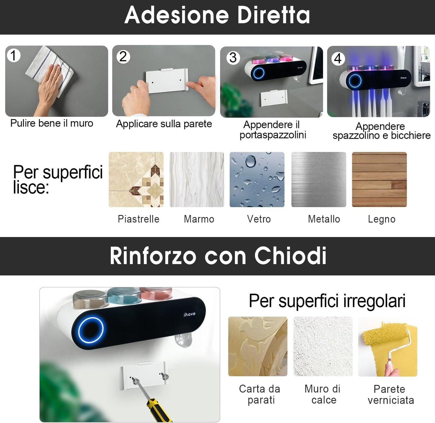 iHave Wall Mounted Electric Toothbrush Holders with 3 Cups, UV Sanitizer, Toothpaste Dispenser, Smart Home Bathroom Accessories & Decor, Black