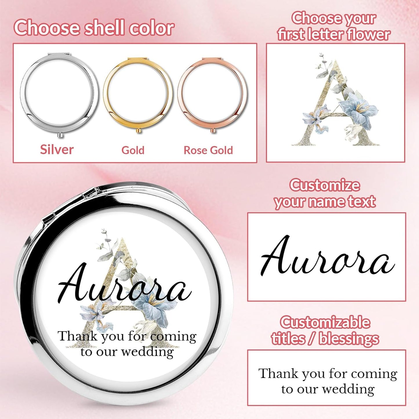 Personalized Compact Mirror – Custom Pocket Mirror with Name, Monogram Travel Purse Mirror for Women, Bridal Shower Favors & Bridesmaid Gifts, Portable Makeup Accessory (Initials)