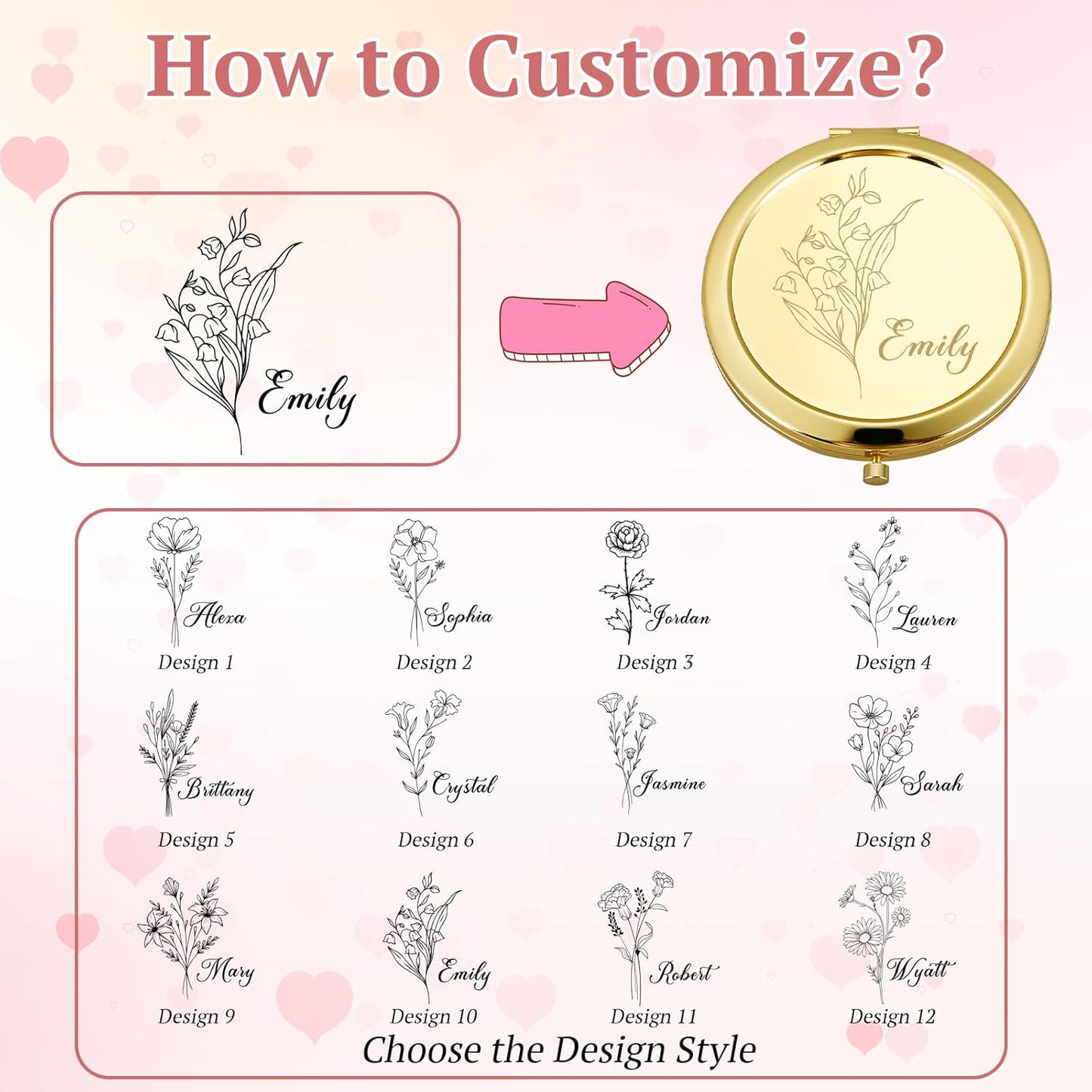 Personalized Compact Mirror, Custom Pocket Mirror with Birth Flower and Name, Small Purse Mirrors for Women, Double-Sided 1X/2X Magnifying Travel Makeup Mirrors, Bridal Shower Gifts, Stocking Stuffers