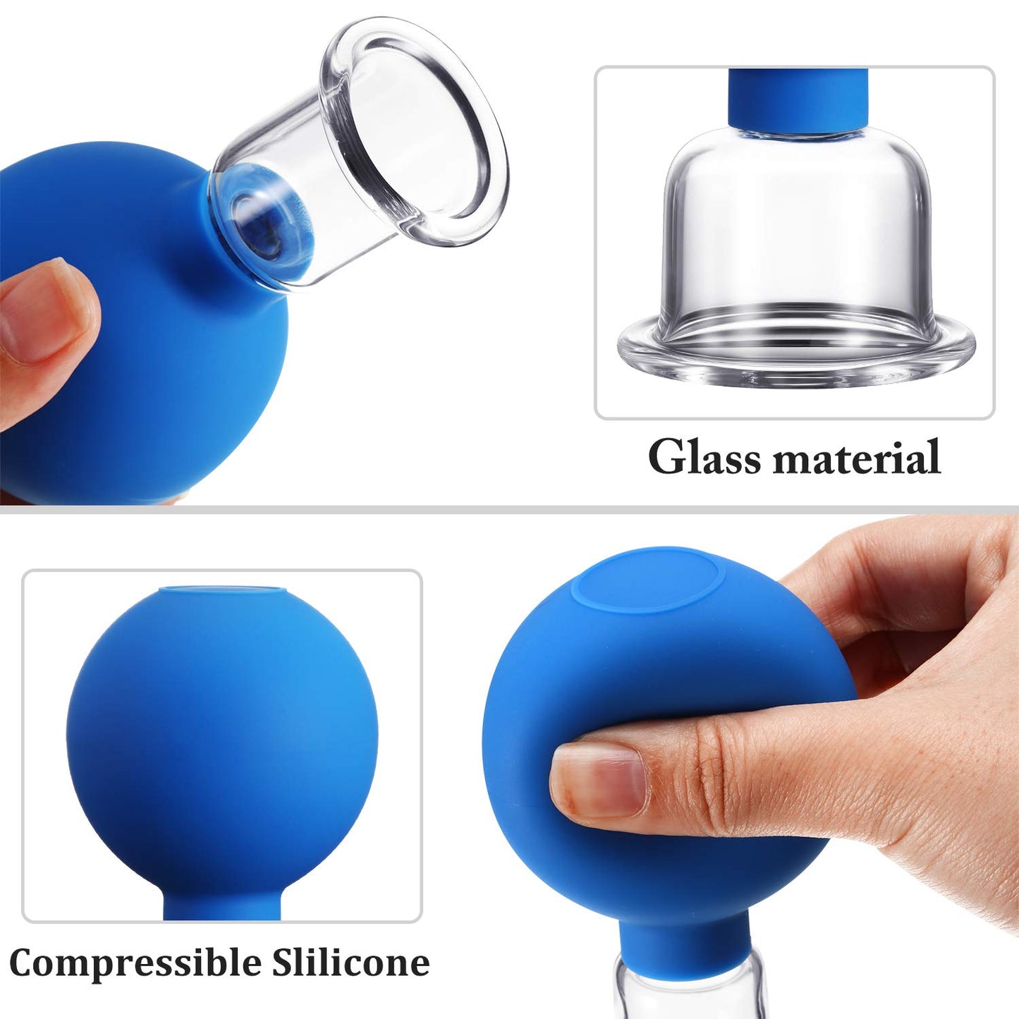 Nuanchu Facial Cupping Cup Blue Glass Face Cup Silicone Cupping Massage Vacuum Suction Mug for Body Face Leg Arm Back Shoulder Muscle and Joint Pain(1.5 Inch Diameter)