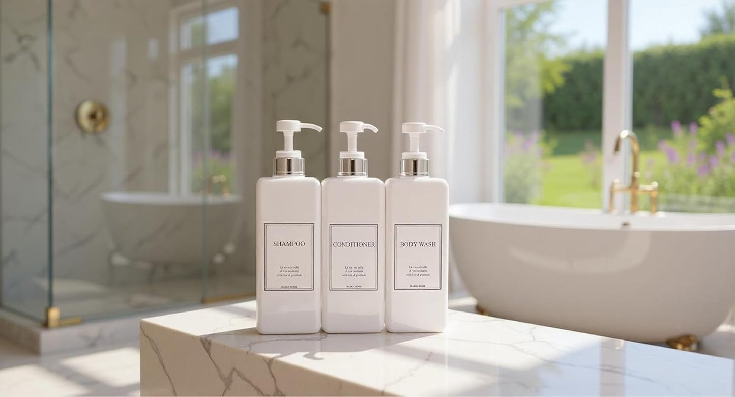 Modern Design Large 27 oz Shampoo and Conditioner Dispensers - Empty Plastic Refillable Pump Bottle Set for Bathroom Shower Soap Dispenser, Set of 3 (White & Silver)