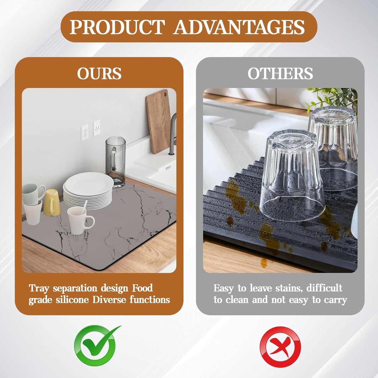 Dish Drying Mats for Kitchen Counter, 24"x16" Absorbent Coffee Bar Mat, Quick Dry Dish Rack Pad with Rubber Backed Non-Slip Marble Pattern Kitchen Counter Dish Draining Mat Easy to Clean (Gray)