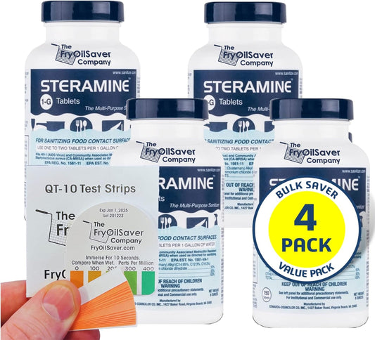 4 Bottles Steramine Sanitizer Tablets - 15x QT-10 Test Strip - Multi Purpose Sanitizing Tablets for Food Contact Surface, Kitchen, Restaurant Cleaning by FryOilSaver (600 Count)