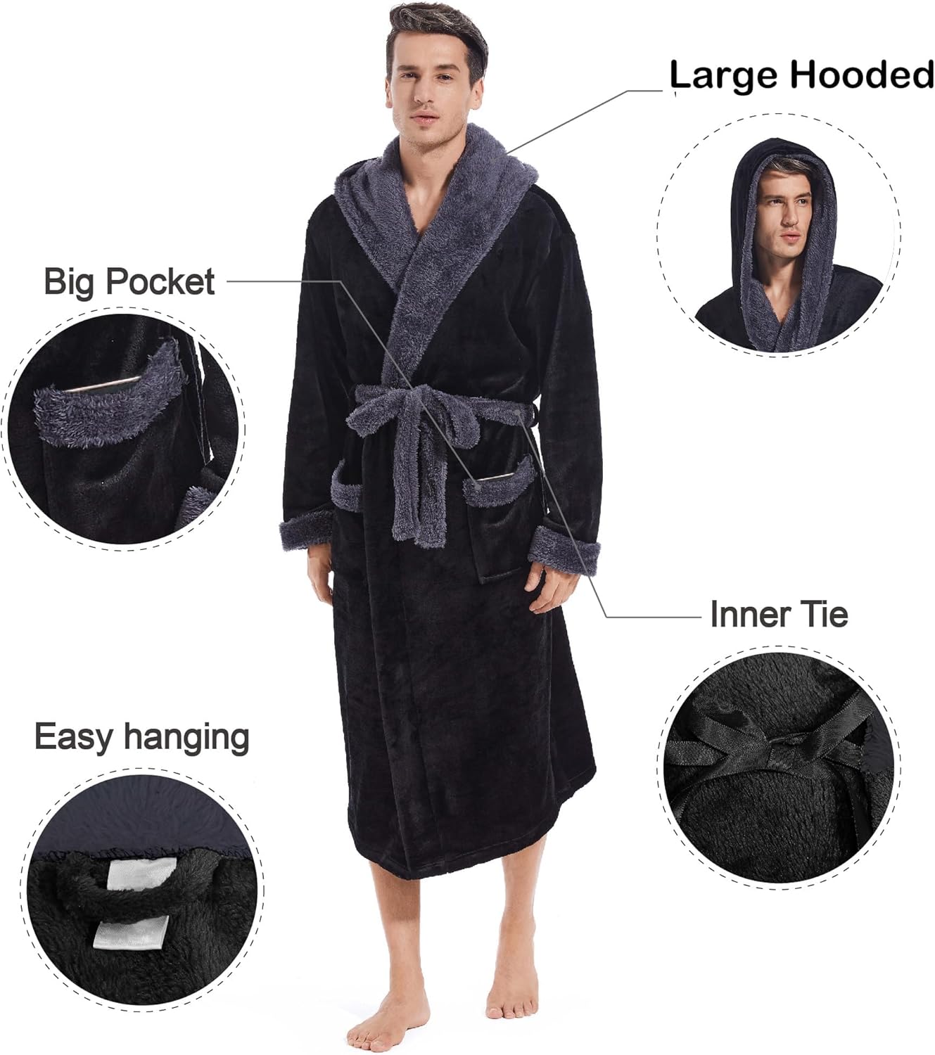 Inner Wish Mens Hooded Robe, Plush Long Bath robes Cozy Warm Bathrobe Fuzzy male Spa Robe With Pockets