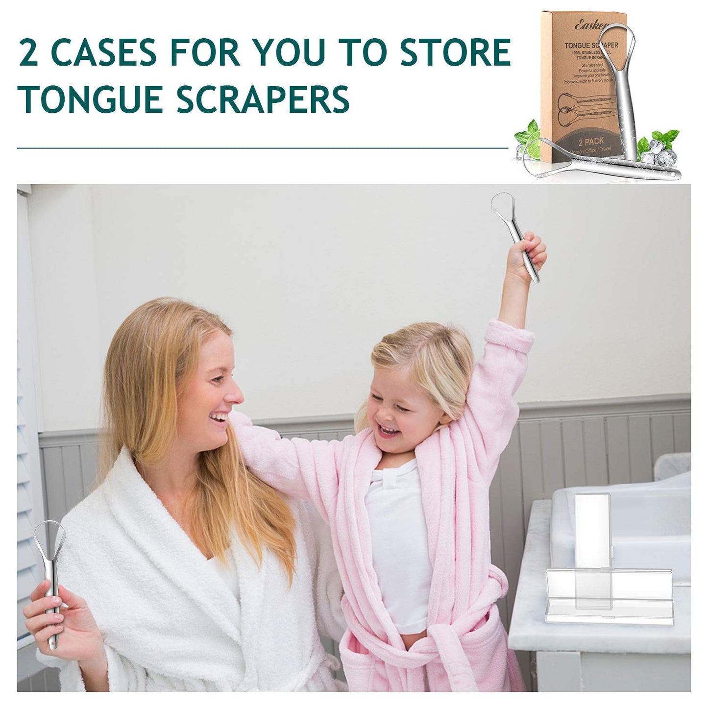 Tongue Scraper (2 Pack), Wide-head Tongue Cleaner with Nice Carrying Box, Easkep 100% Stainless Steel Tongue Scrapers Cleaners, for Men, Women, Adults, KidsďźSilver