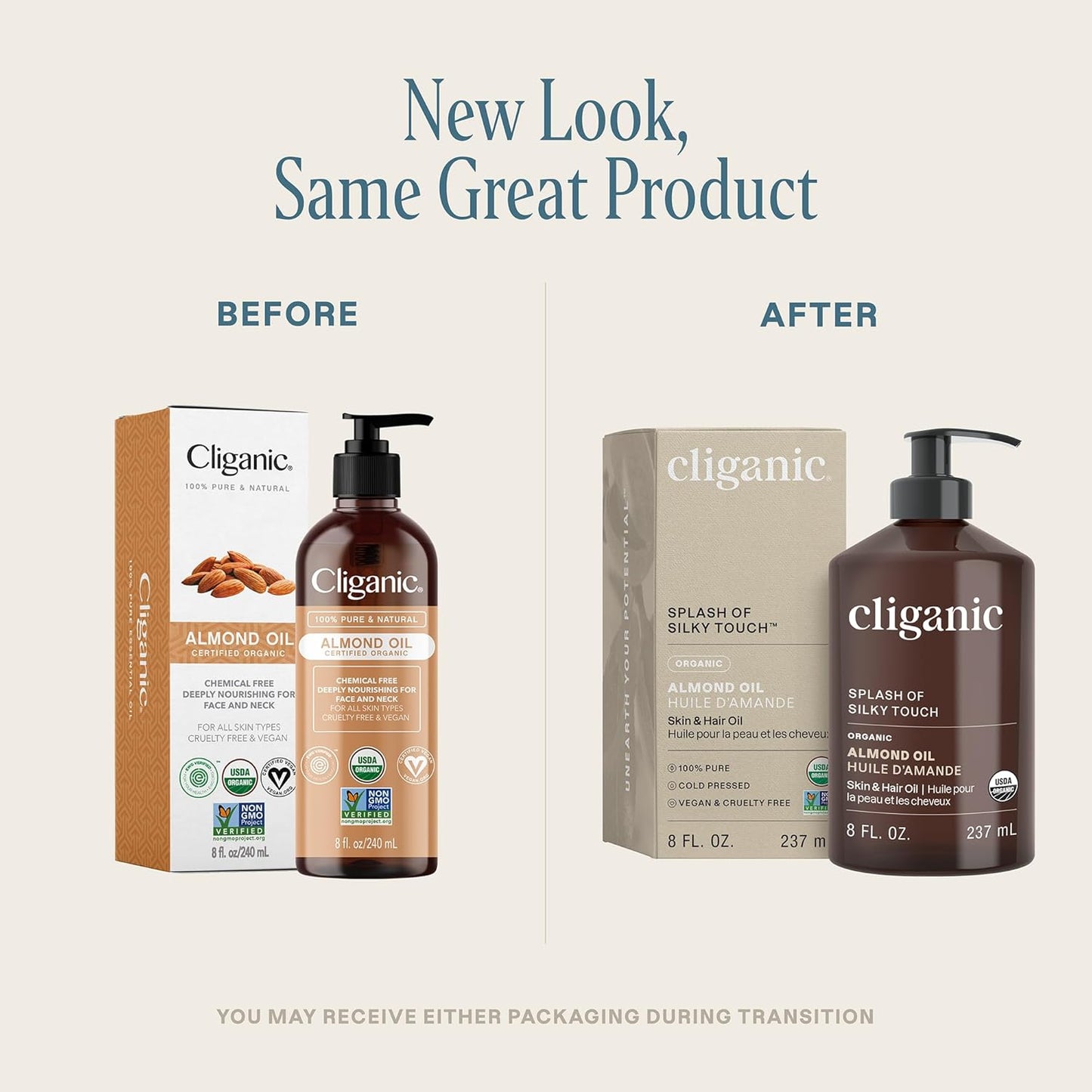 Cliganic Organic Sweet Almond Oil, 100% Pure (8oz) - for Skin & Hair, Nourishing Carrier Oil for Face & Body (Packaging May Vary)