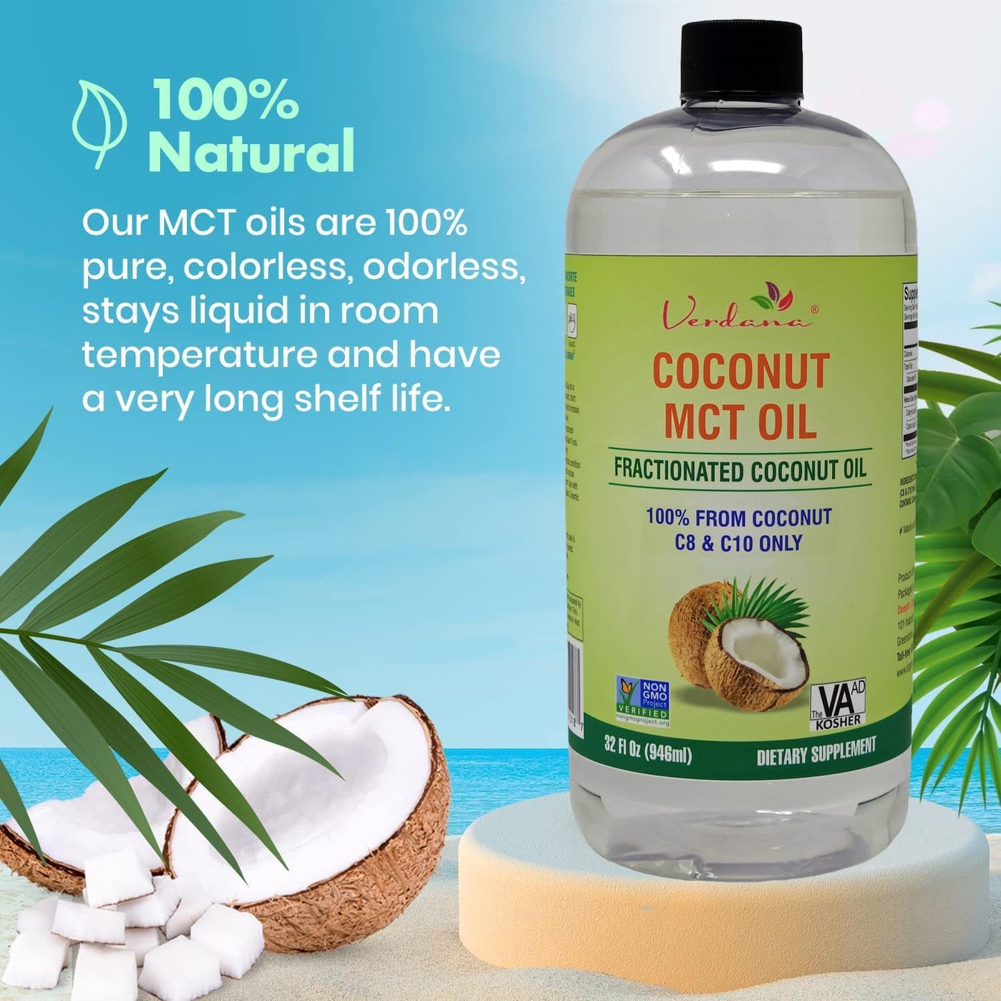 Verdana MCT Oil – 32 Fl Oz Dietary Supplement – 100% Coconut Derived, Fractionated, Food Grade – for Oil Pulling, Keto Coffee, Oral Rinse, Massage & Aromatherapy – Vegan, Non-GMO, Kosher