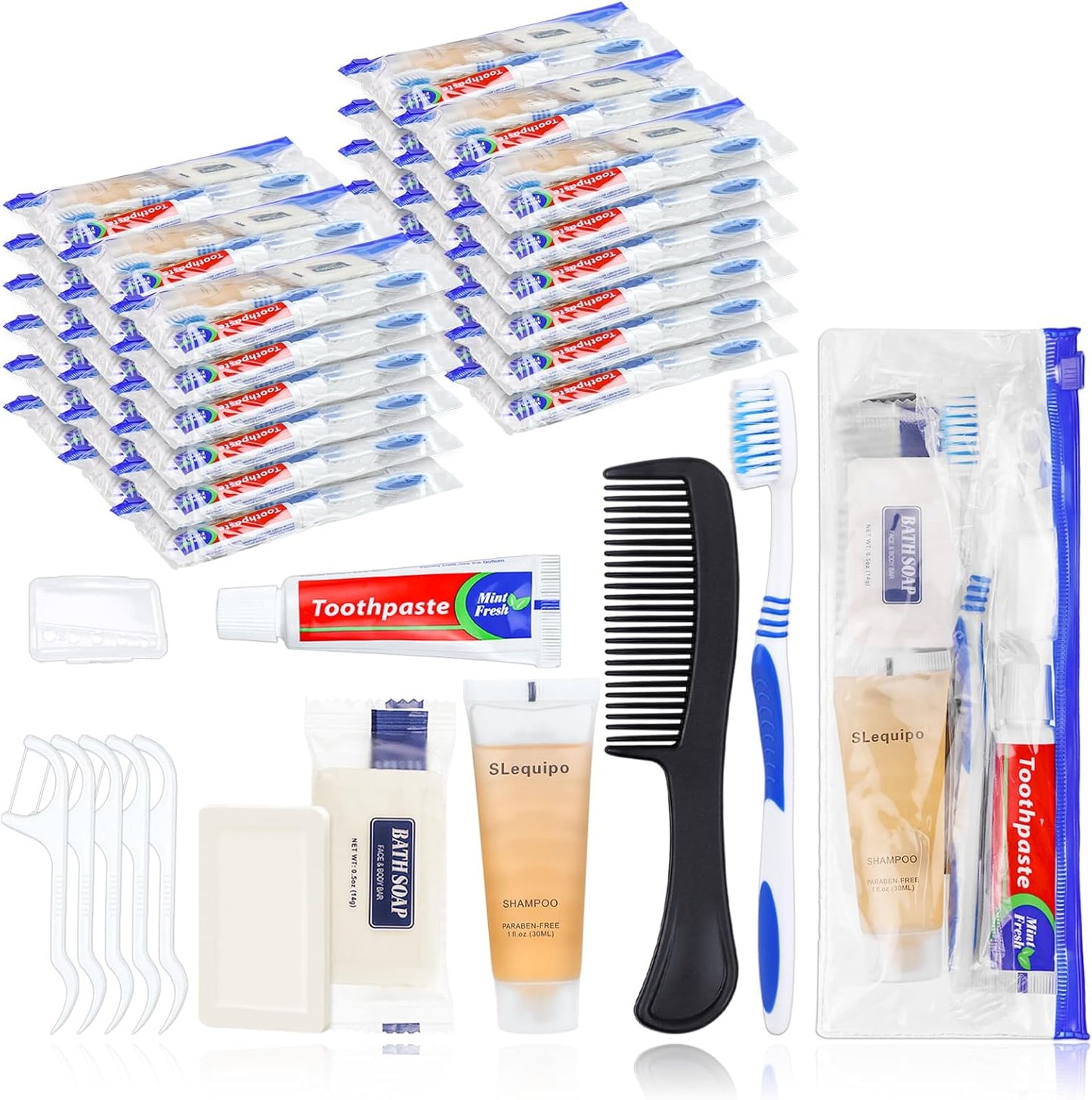 Pack of 10 Hygiene Kit, Hygiene Kit Bulk, Individually Packed, Travel Hygiene Kit with Toothbrush, Toothpaste, Comb, Shampoo, Soap and Floss Picks, Home, Suitable for Hotel, Camping, Travel