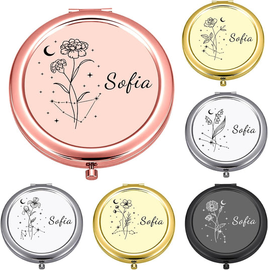 Custom Compact Mirror with Name - Personalized Flip Makeup Travel Pocket Mirror Gift for Women Bridesmaids Wedding Birthday (Birth Flower)