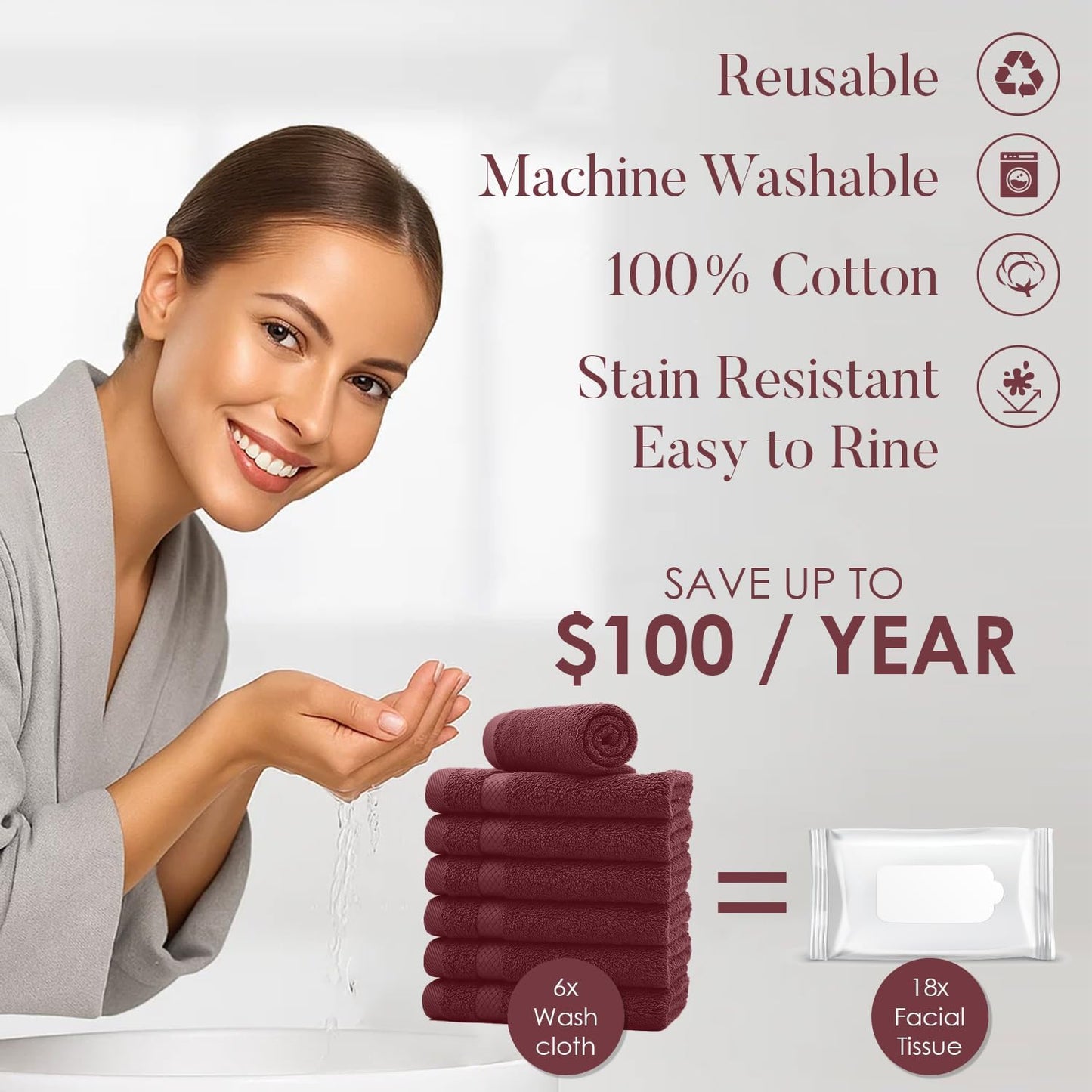 DAN RIVER 12-Pack Premium 100% Cotton Pomegranate Face Towels – Reusable Face Towel Set, Soft & Absorbent Luxury Wash Cloths for Bathroom & Body – Hand and Face Towels, 550 GSM (12x12 in)