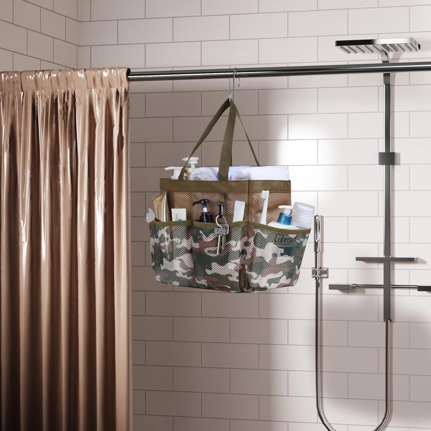 F-color Shower Caddy Portable - Mesh Shower Bag Basket Tote for College Dorm Room Essentials Bathroom Gym Camp Quick Dry for Women Men with S Hook, Brown Camouflage