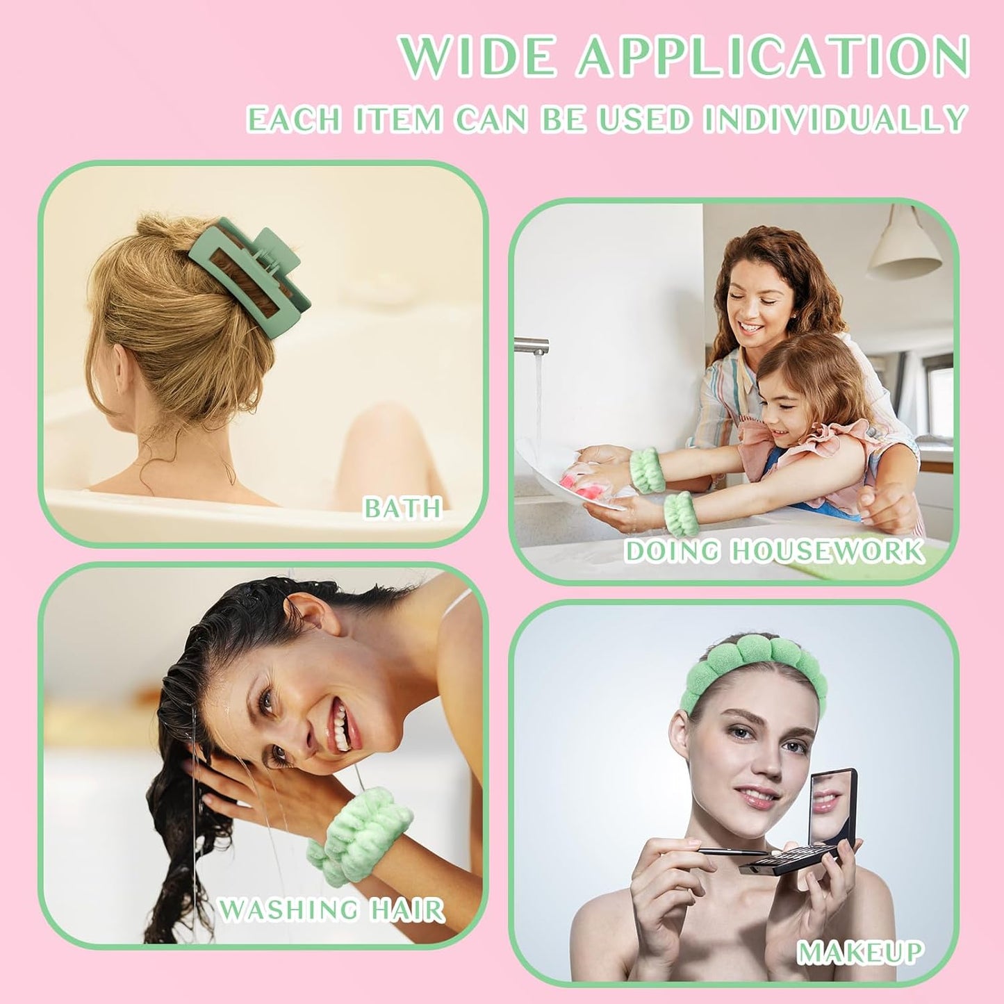 Wecoe Spa Headband And Wristband Set Skincare Headband For Washing Face Hair Claw Clips For Thick Hair Cute Green Puffy Sponge Makeup Bubble Head Band Wrist Towels Scrunchies For Women Girls