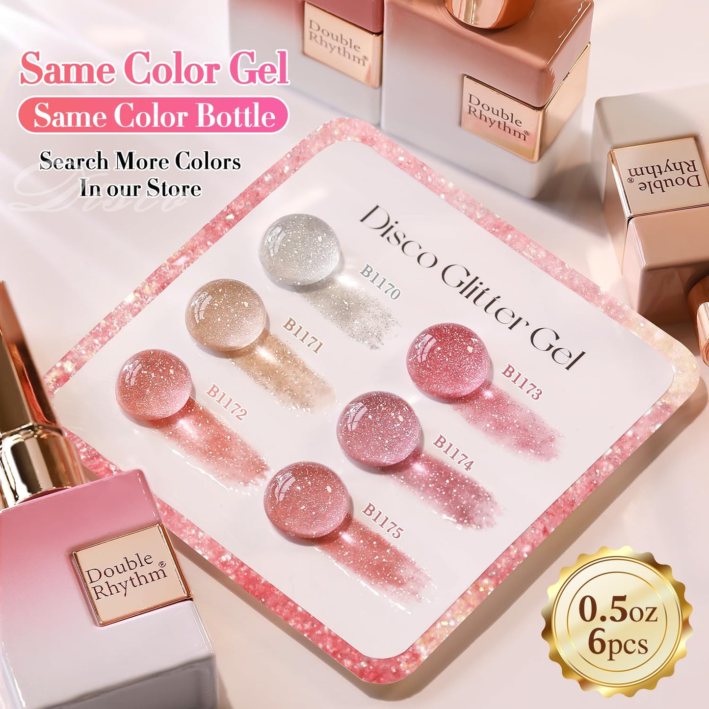 Double Rhythm 0.5 Oz Glitter Gel Polish Set of 6 Color with Display Board 15 ml Full Size Kit Shimmer Reflective Sparkle Soak Off Manicure Salon DIY at Home (Silver Nude Rose Coral Pink-T6-39)
