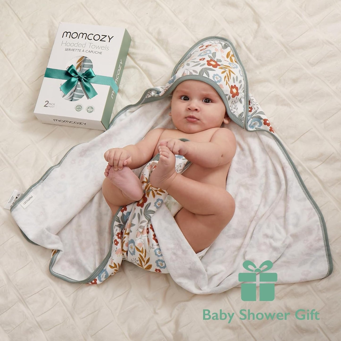 Momcozy Baby Towel with Hooded-2 Pack Soft Bath Towel Set-Shower Gifts or Bath Essential for Infant, Newborn, Toddler (35 X 35 Inch, Petite Blossom)