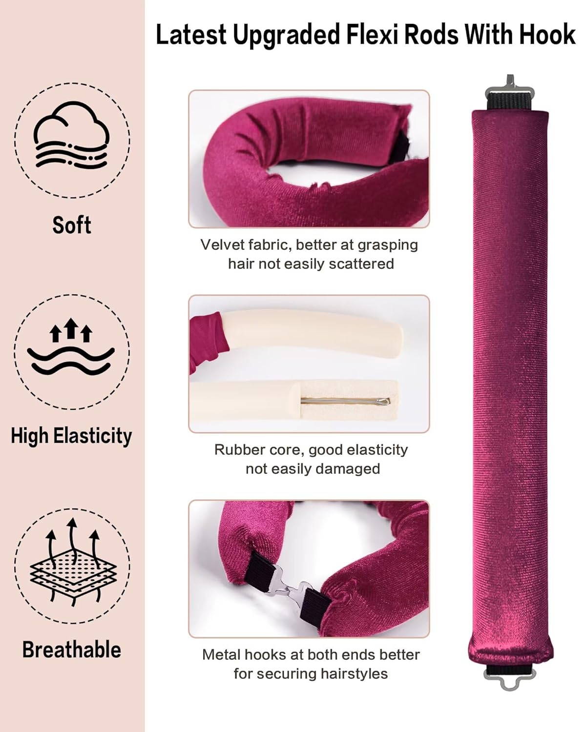 Heatless Curls Overnight Hair Curler - 4 Pcs Curling Rod to Sleep In, Velvet Hair Rollers with Satin Hair Scarf