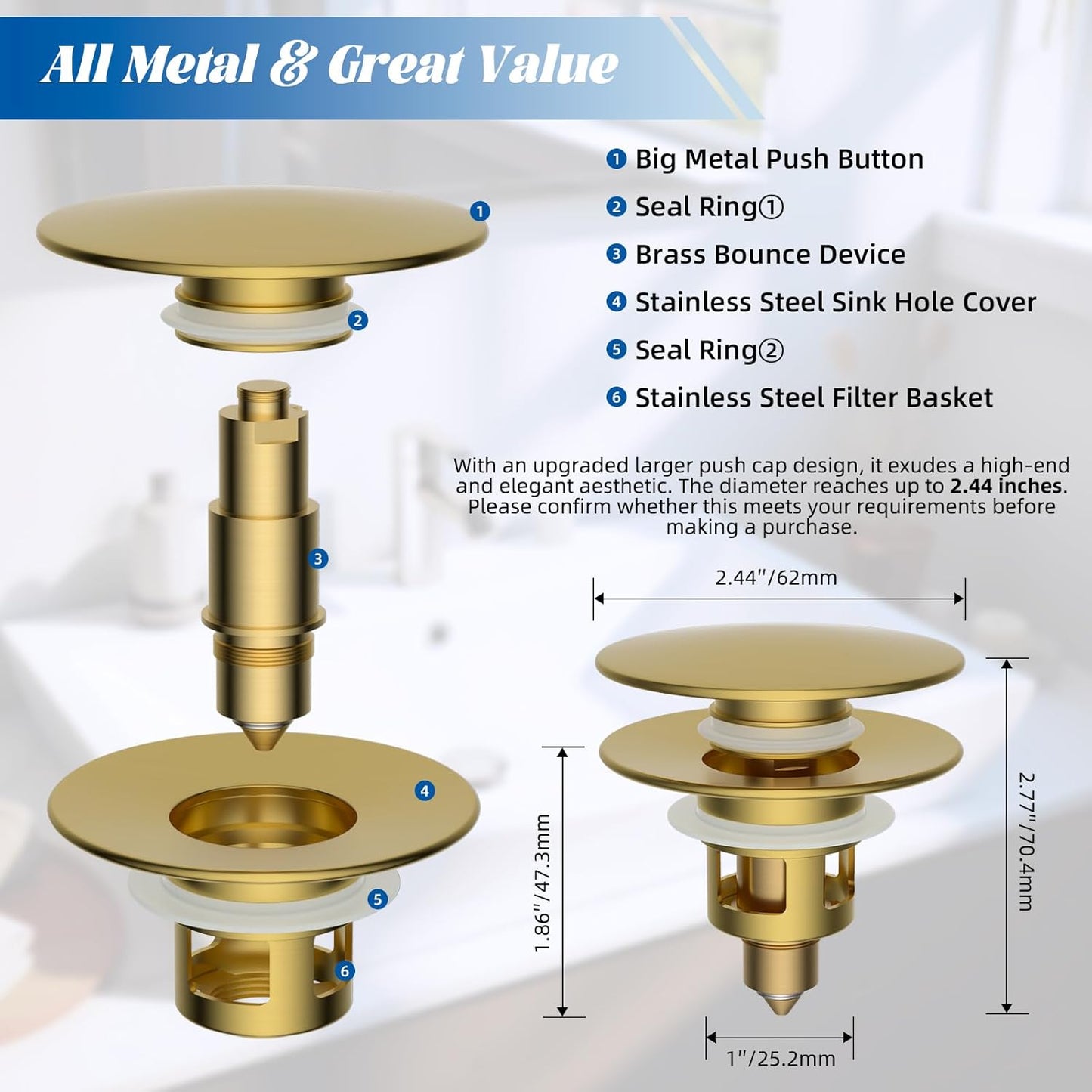 Hibbent All Metal 2 in 1 Bathroom Sink Stopper, Universal Pop Up Drain Strainer, Brass Bullet Core Push Type Sink Stopper for 1.1''~2.3'' Basin, Big Push Button, Anti Clogging Filter, Brushed Gold