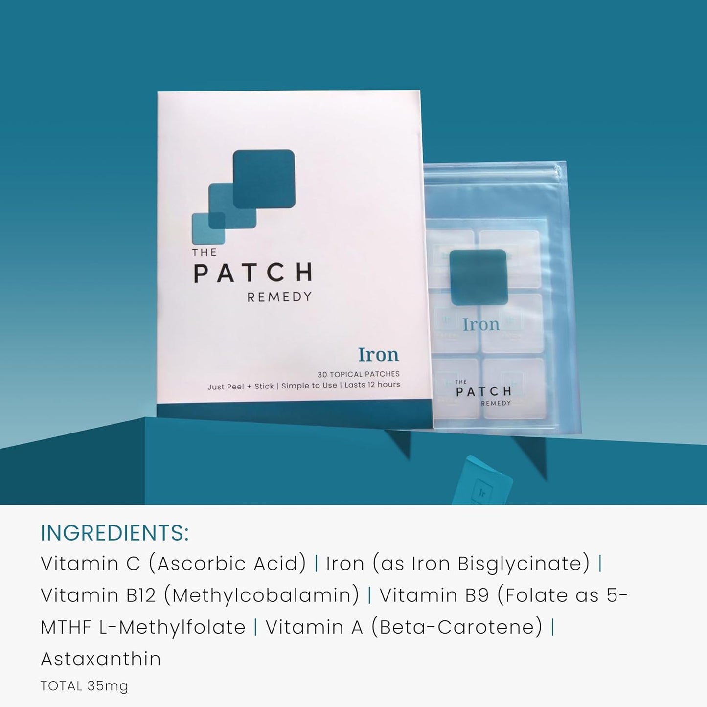 Iron Patch | Iron Bisglycinate, Vitamin C, Vitamin B9 (Methylfolate), Vitamin B12, Beta-Carotene, Astaxanthin | 30 Patches