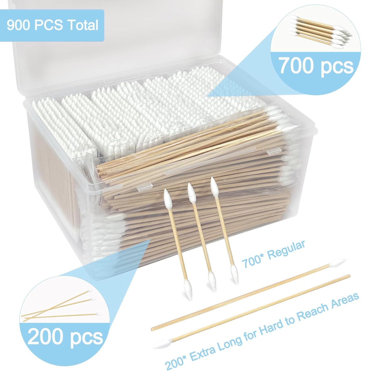 900 Pcs Precision Tip Cotton Swabs with Sturdy Bamboo Sticks, 700 Pcs Double Pointed Tip Cotton Swabs & 200 Pcs Long Cotton Swabs for Makeup, Nails, Crafts, Gun Cleaning