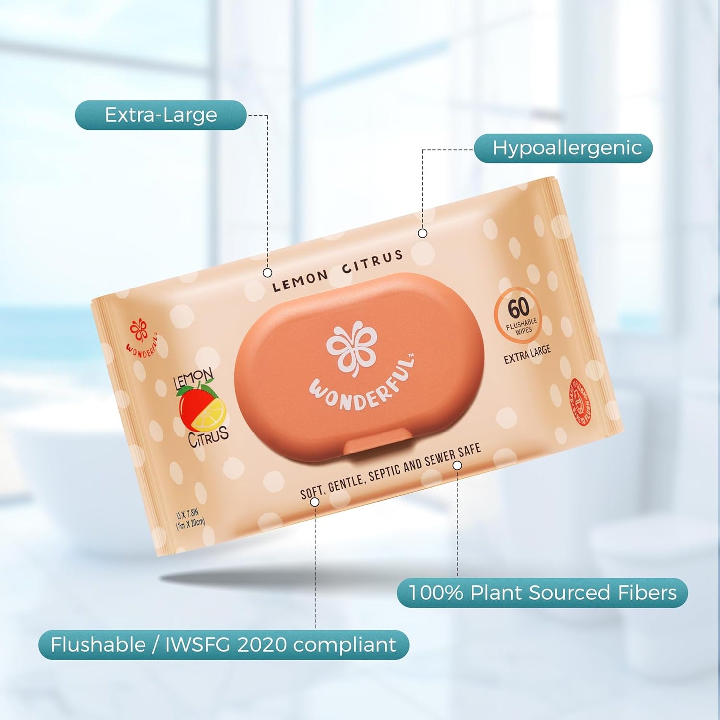 WONDERFUL Flushable Butt Wipes, Lemon Citrus 100% Plant-Based Wet Wipes for Adults & Kids; Sewer, Septic Safe; Gentle for Sensitive Skin, Wipes Flushable Pack for Bathroom & Travel, 1-Pack (60 Wipes)