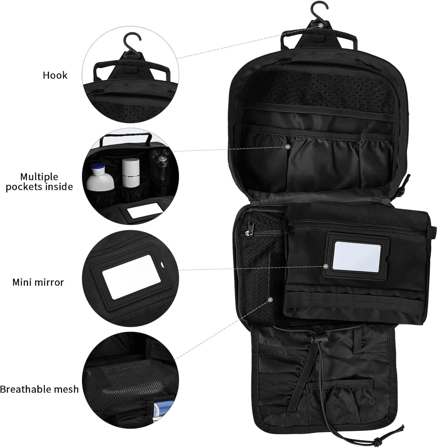 Tactical Travel Toiletry Bag for Men and Women, Hanging Travel Toiletries Organizer Dopp Kit, Toiletry Shaving Hygiene Bag,Bathroom Essentials Men's Toiletry Bag for Short Trips Camping - Black