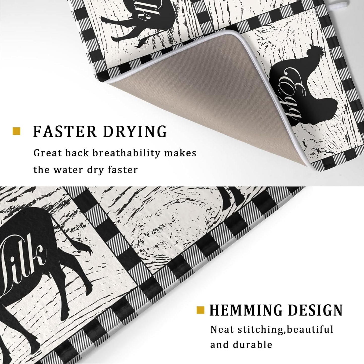 Farmhouse Animal Dish Drying Mat Buffalo Plaid Drainer Rack Mats Fast Dry Absorbent Kitchen Countertop Protector Dishes Pad 18x24 Inch