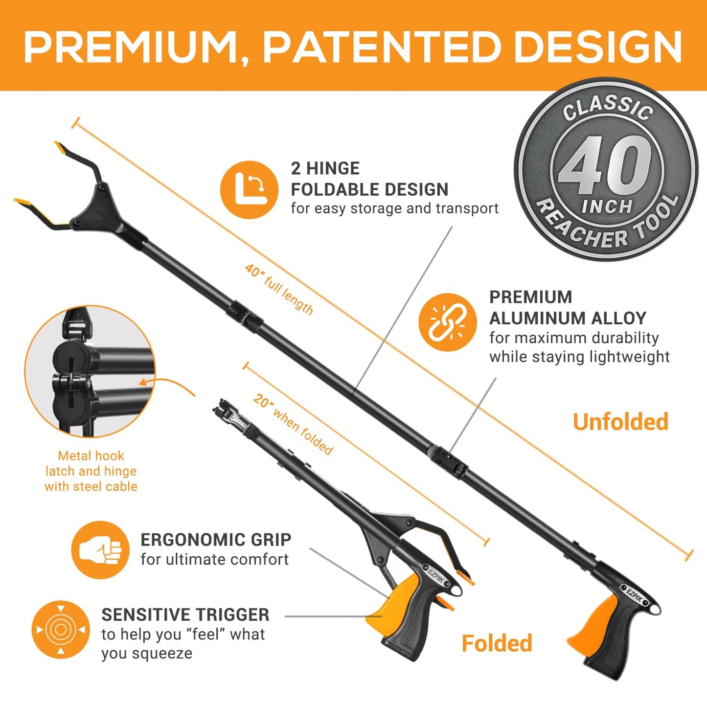 EZPIK Classic 40" Flexible Folding Grabber Tool for Elderly + Magnets, Reacher for Disabled & Seniors Heavy Duty Rotating Grippers for Reaching Underneath, Trash Grabbers & Pickers for Mobility 2-Pack