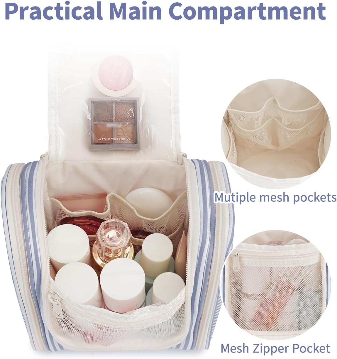 Narwey Small Striped Hanging Travel Toiletry Bag for Women, Travel Bag for Toiletries, Makeup Bag Organizer Cosmetic Bags Make Up Bags for Women (Greyish Blue Stripe)