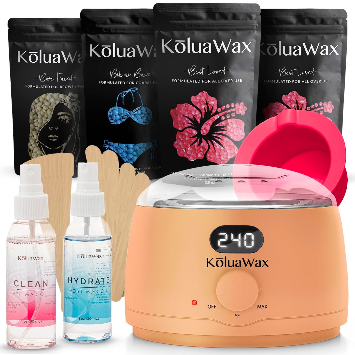 KoluaWax Premium Waxing Kit for Women - Hot Melt Hard Wax Warmer for Hair Removal, Eyebrow, Bikini, Legs, Face, Brazilian Wax - Machine, 4-Pack Beads, Accessories, Peach Fuzz