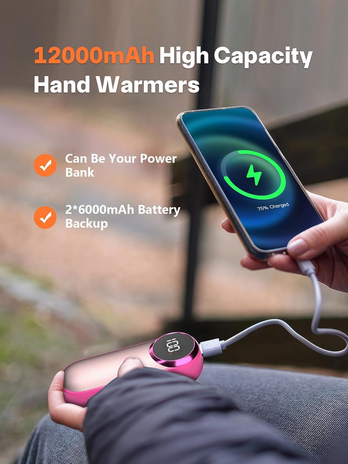 Hand Warmers Rechargeable,12000mAh Electric Hand Warmers with Light, 2 Pack Pocket Hot Hands Reusable Up to 20 Hours, Double Sided Heat Portable Heater for Hunting, Camping Gear, Stocking Stuffers