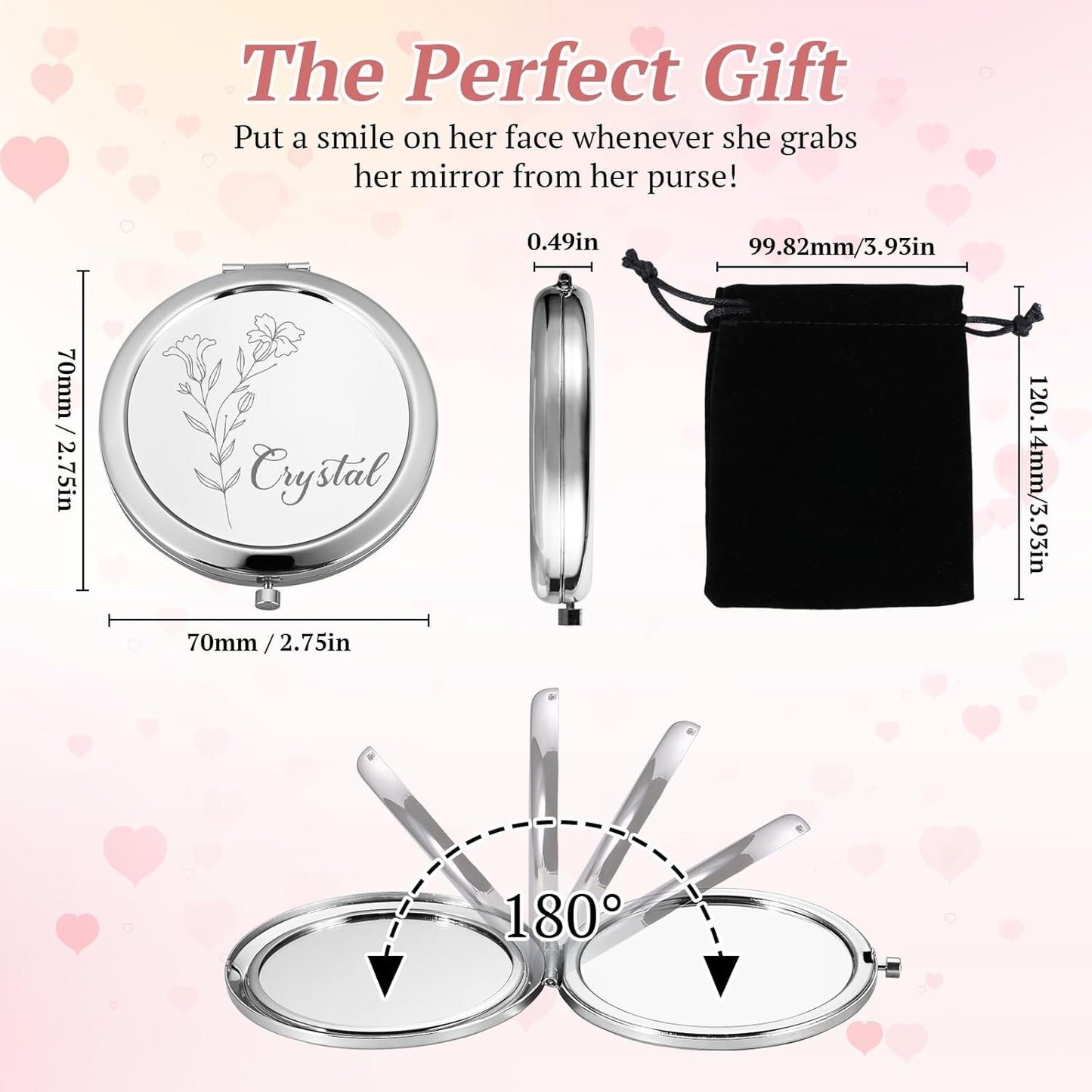 Personalized Compact Mirror, Custom Pocket Mirror with Birth Flower and Name, Small Purse Mirrors for Women, Double-Sided 1X/2X Magnifying Travel Makeup Mirrors, Bridal Shower Gifts, Stocking Stuffers