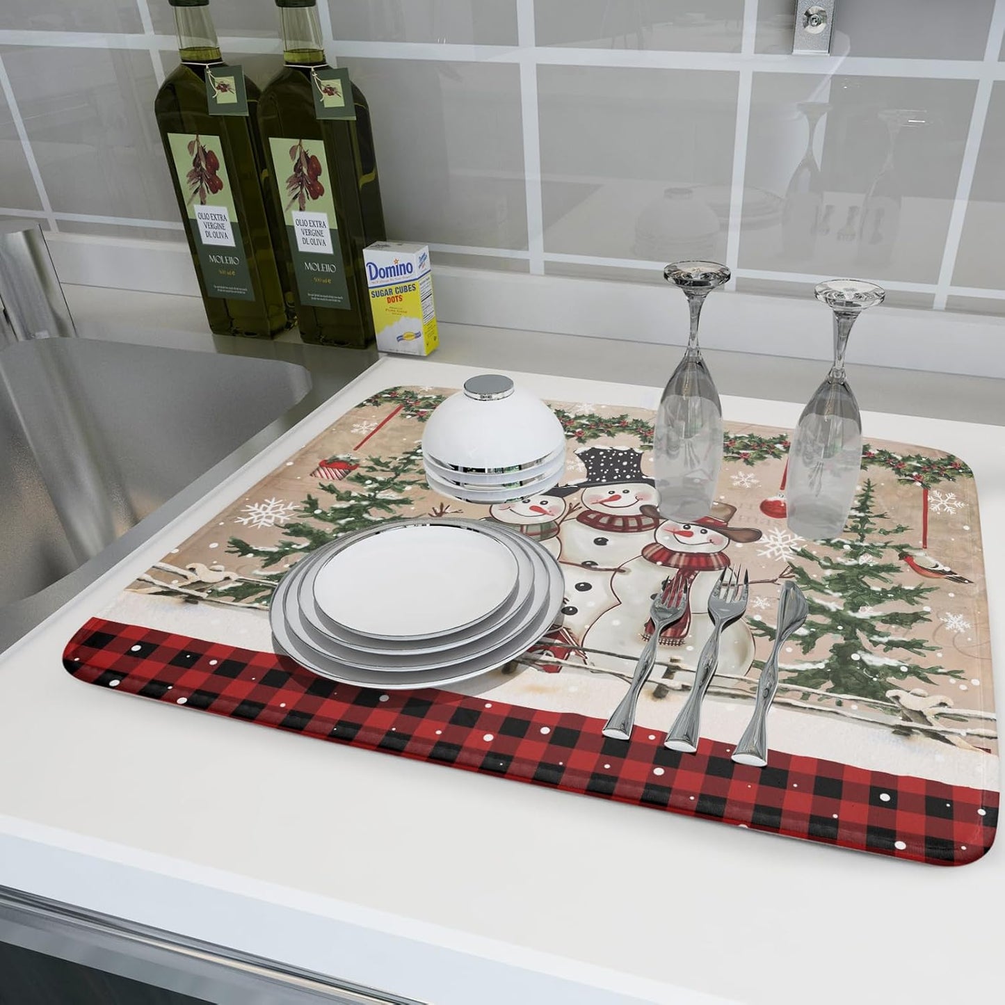 Winter Snowman Dish Drying Mat 18x24 Inch Red Buffalo Plaid Holiday Dish Drainer Mat Absorbent Dish Rack Pad for Kitchen Counter Sink Decor