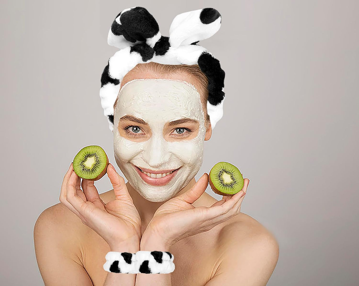 Women's Cow Print Spa Headband and Wristband Set for Washing Face (Cow print &Black)